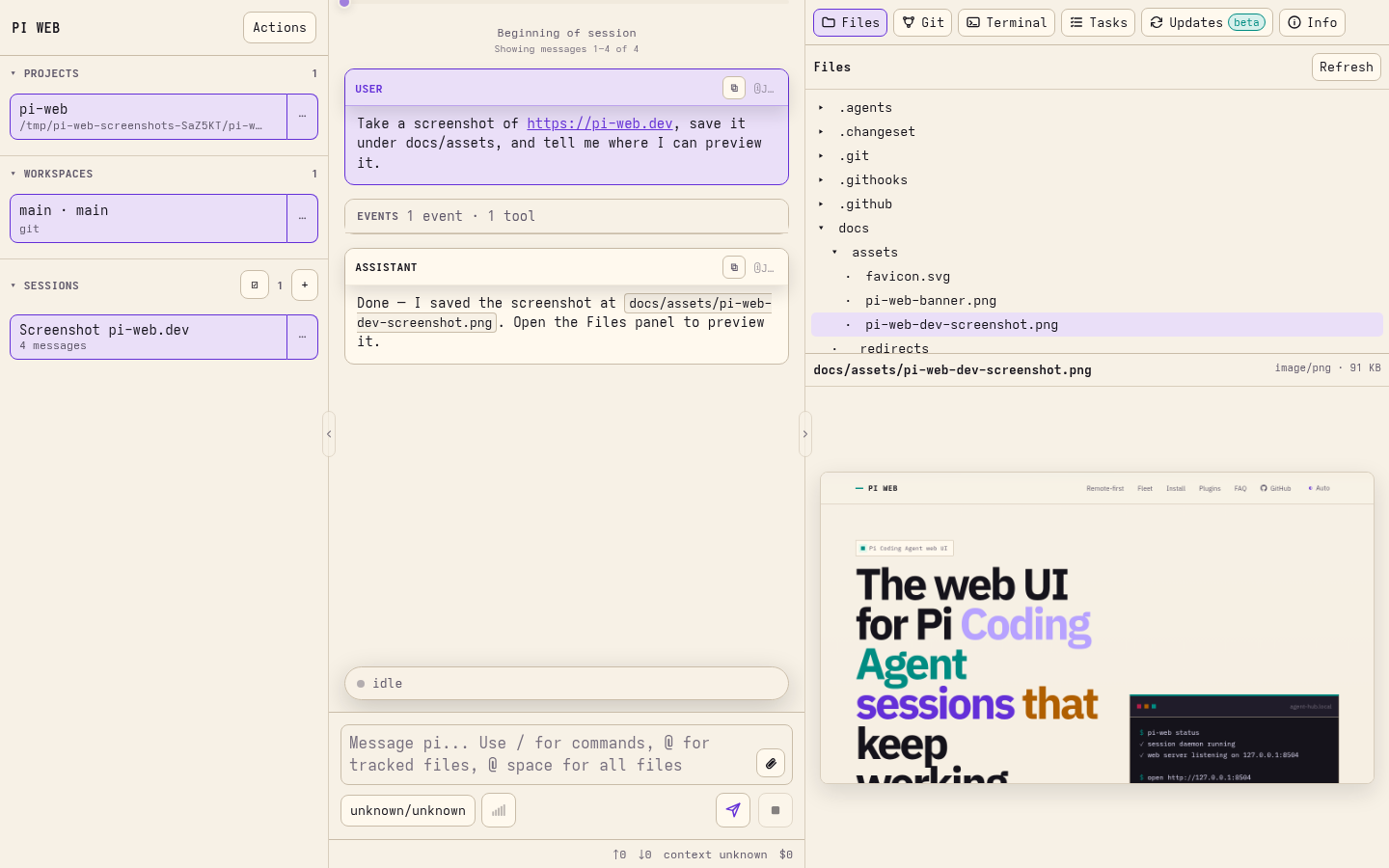 PI WEB desktop screenshot showing an agent-created pi-web.dev screenshot selected in the file preview